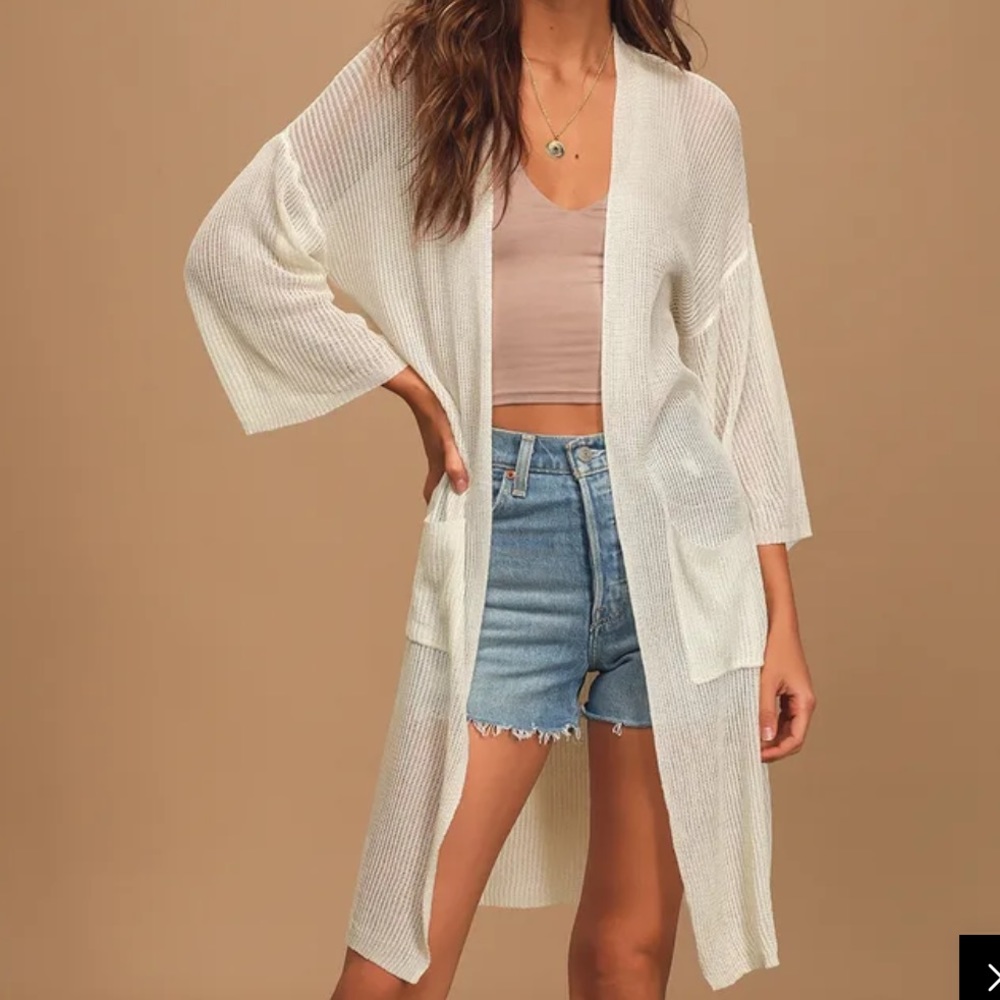 NWT LULUS Sheer White Knit Longline Cardigan w/ Three-Quarter Sleeves in size S